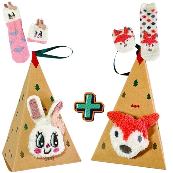 NWT Fox & Bunny Christmas Gift Socks - 3D Fluffy Thick Warm Winter Socks M 5-10 - Picture 1 of 13